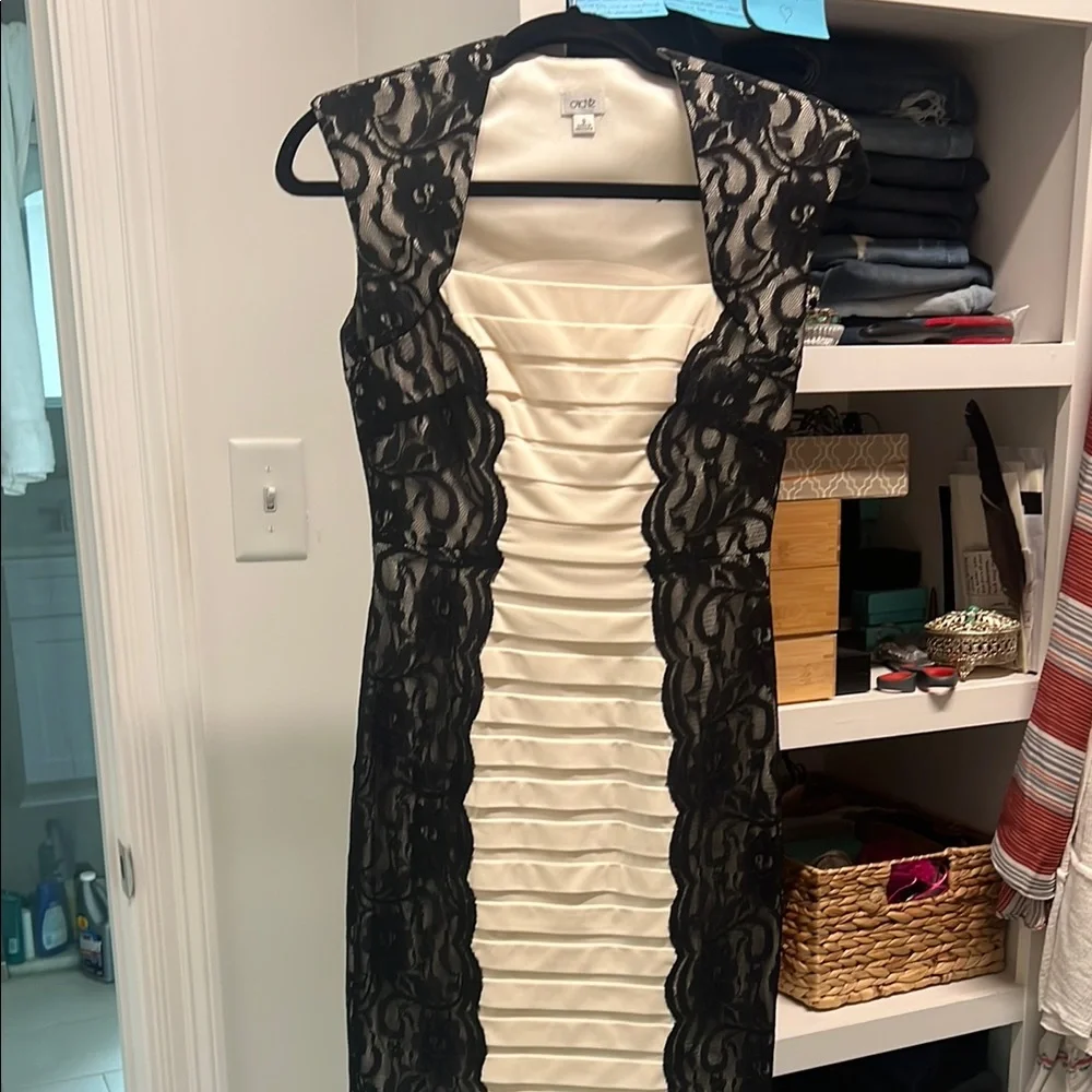 Cache Black and White Pleated Ruched Sheath Midi Dress - Picture 1 of 7